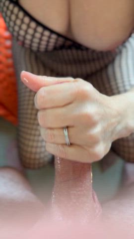 Hesitant housewife works shaft with wedding ring showing