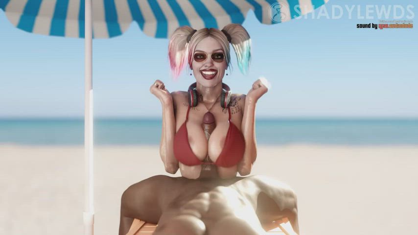 3d animation beach big tits harley quinn swimsuit titty fuck clip