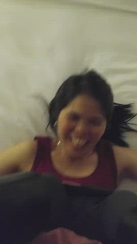 Asian slut laughing while getting fucked hard with her panties around her knees #asianslut