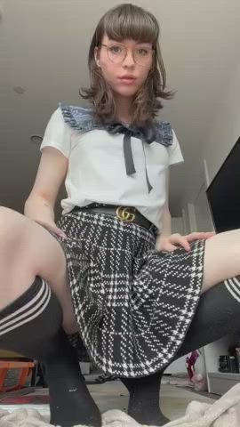 brunette clothed flashing glasses skirt small tits t-girl tease trans clip