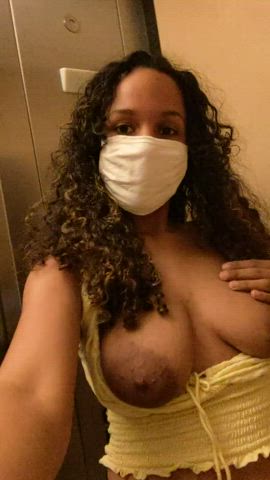 big tits boobs curly hair ebony elevator exhibitionist flashing outdoor public clip