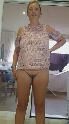 Filthy MILF likes standing and peeing down her legs [F]