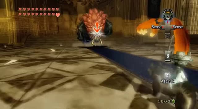 Midna stops Beast Ganon mid-charge and knocks him over