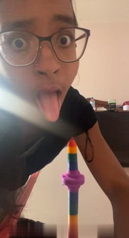Nerdy Thot breaks her mirror while riding her dildo. She was horny!