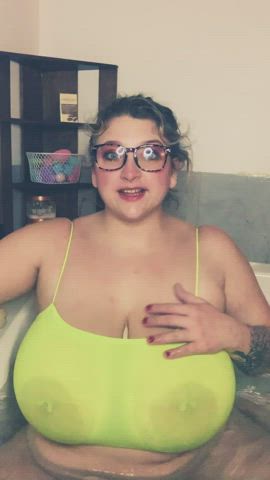 areolas bbw bouncing tits glasses huge tits see through clothing tattoo wet clip