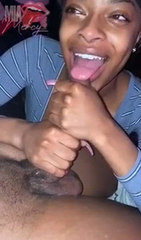 bbc blowjob deepthroat ebony long tongue messy saliva spit tongue wet and messy clip