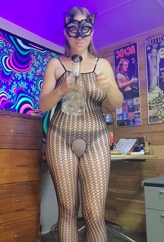 Catsuit kitty taking a bong rip (f)