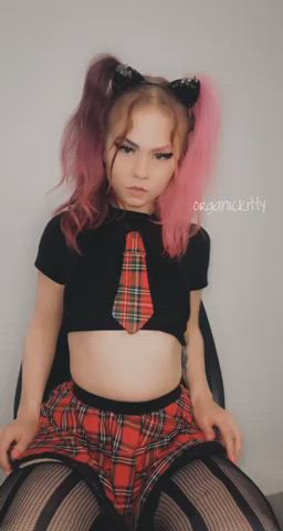 Schoolgirl Cosplay Costume Fishnet Skirt Kitty Kinky Curvy Pigtails clip