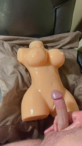 Massive cumshot all over busty sex doll toy