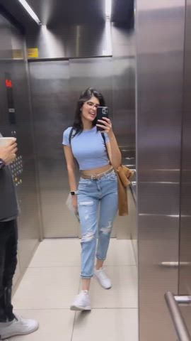 ass brunette elevator glasses mirror clip