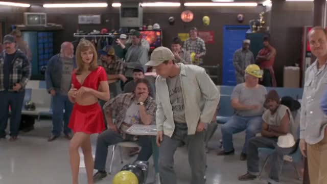 Vanessa Angel - Kingpin (1996) - in red skimpy outfit trying to distract other bowlers