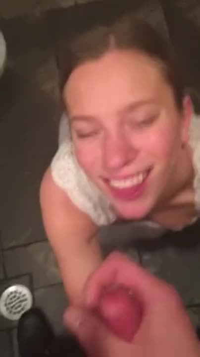 Sucking in a public restroom with messy facial