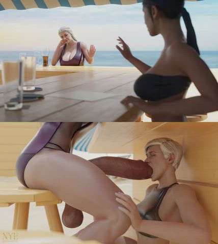 animation beach big dick big tits bikini blonde cum in mouth futanari public clip