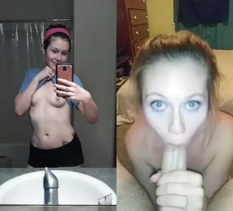 Casual sefie in the mirror and bj with cumshot in mouth video collage