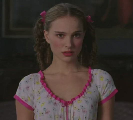 Brunette Celebrity Cute Eye Contact Lipstick Natalie Portman Petite Pigtails Pink