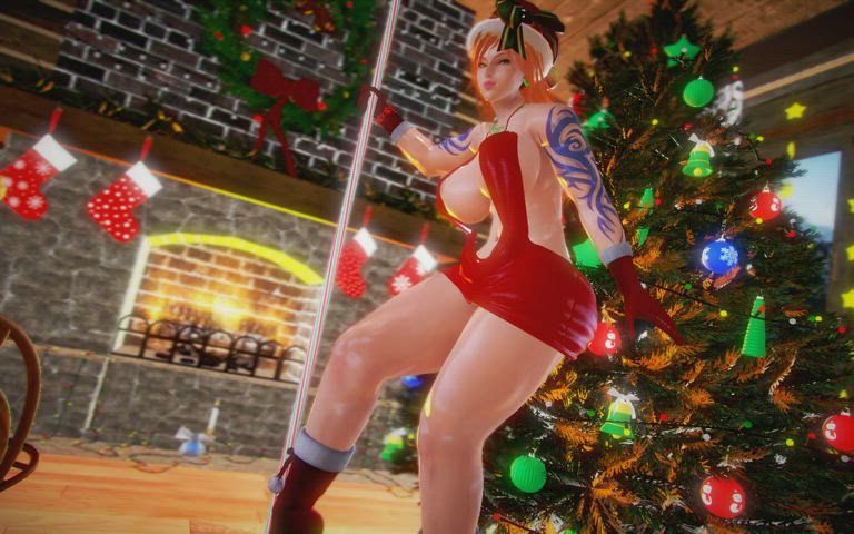 3d animation big tits christmas muscular girl oiled pole dance redhead thick clip