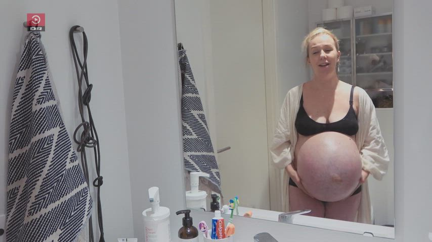 bathroom belly button blonde european lingerie pregnant rubbing clip