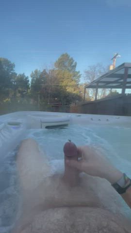 Busting a nut outdoors in hot tub