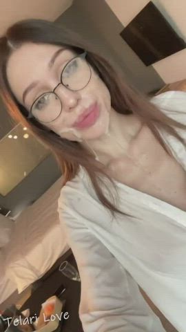 big tits brunette cum cum on tits cumshot cute facial glasses teen clip