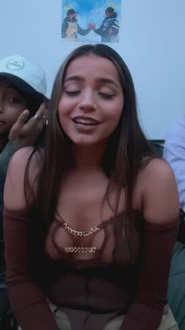 Isabela Merced flexing her cleavage
