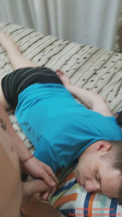 So I wake up my friend 🙈 barely feels my cock starts 👅 full video in the comments