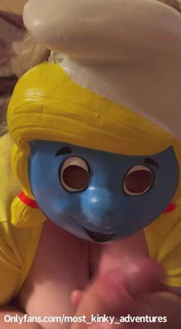 Smurfette and her huge natural 44g titties give handjob to papa Smurf!