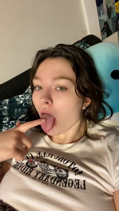 brunette eye contact onlyfans selfie sloppy slut small tits solo throat clip
