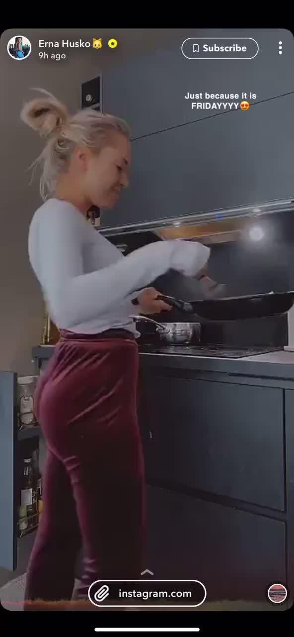 Erna Husko teasing fans in tight yoga pants while making a meal