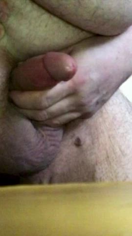 Big guy with a little guy, closeup action….a lot of foreskin slow stroking pumps
