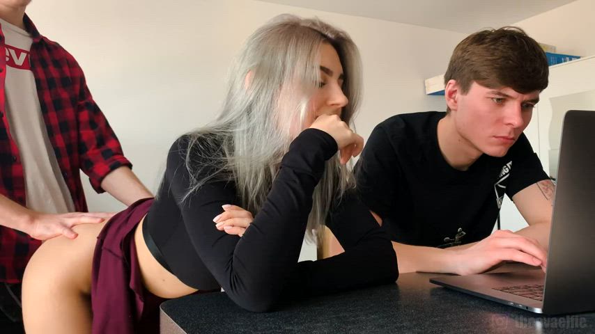 Eva Elfie fucked next to studious boyfriend