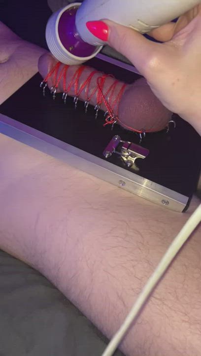 Tied his cock down in the cock stock and milked him to a ruin