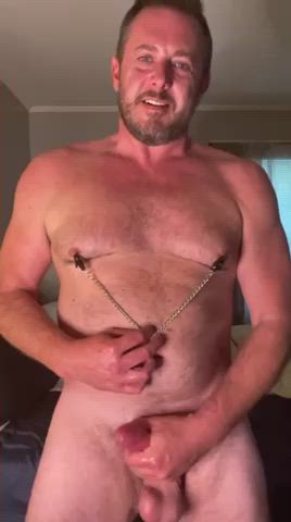 bear daddy gay male masturbation nipple clamps nipple play clip