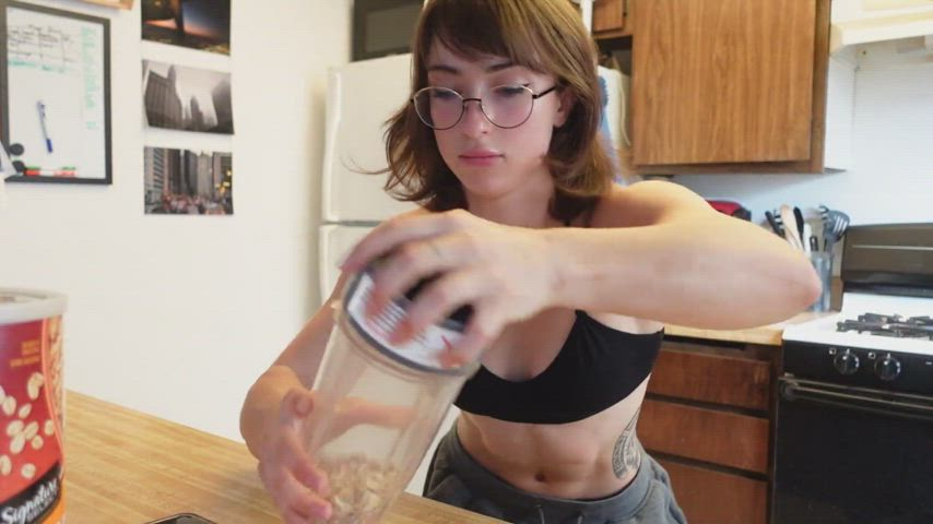 Bra Brunette Fitness Glasses Kitchen Muscular Girl Nerd SFW Short Hair clip