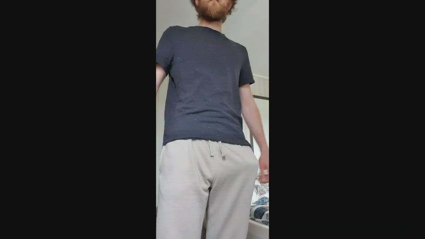 Pulling out of my grey sweats for hands free cock slaps