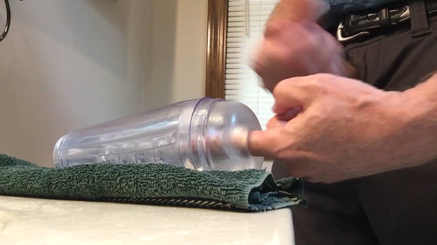 Fully clothed fuck and cumshot with clear fleshlight