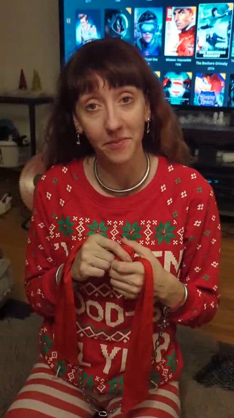 Putting on a matching gag to my Christmas sweater is part of my routine for getting