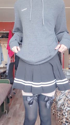 I'm now a lvl 19 femboy :3 Here's me celabrating with my first ever skirt >~<