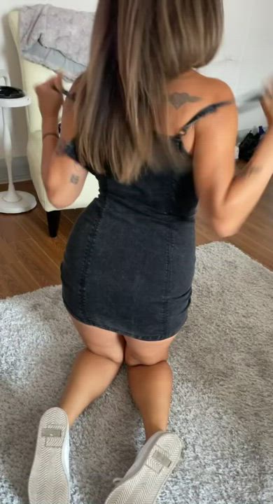 Do you think my ass is cute? Tight dresss and runners cum see what I hide underneath