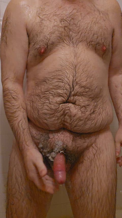 bear cum cumshot hairy hairy chest hairy cock jerk off male masturbation shower solo