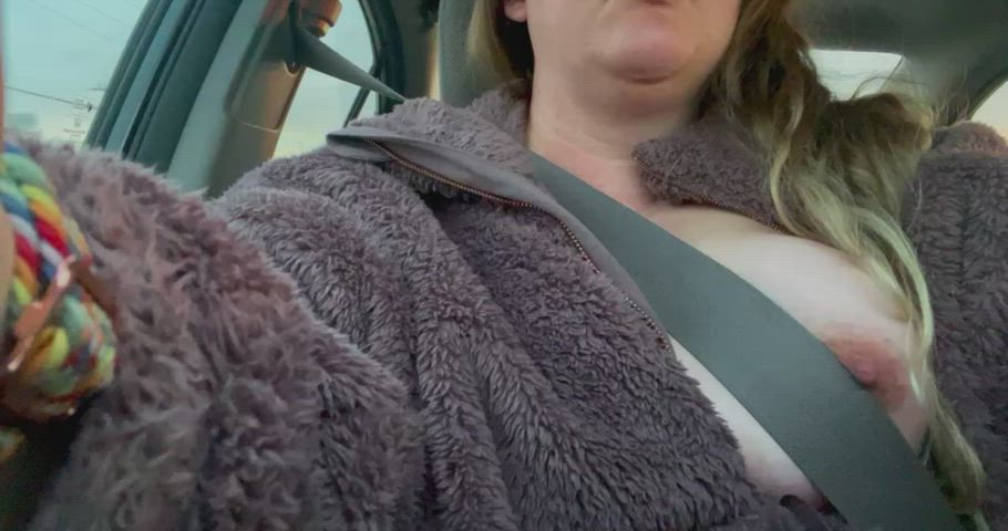 big tits car exhibitionism exposed huge tits nipples public clip