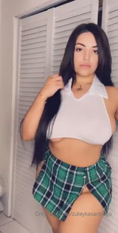 big ass bottomless costume eye contact long hair schoolgirl skirt tease titty drop