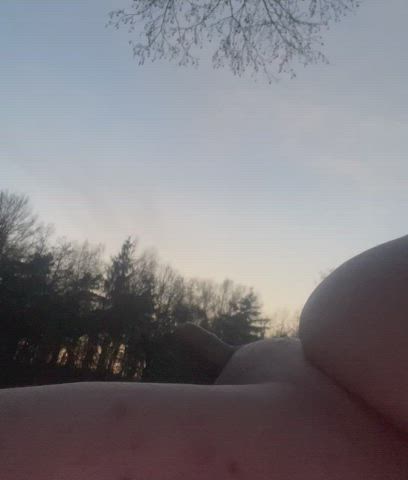 cumming outdoors after edging for an hour