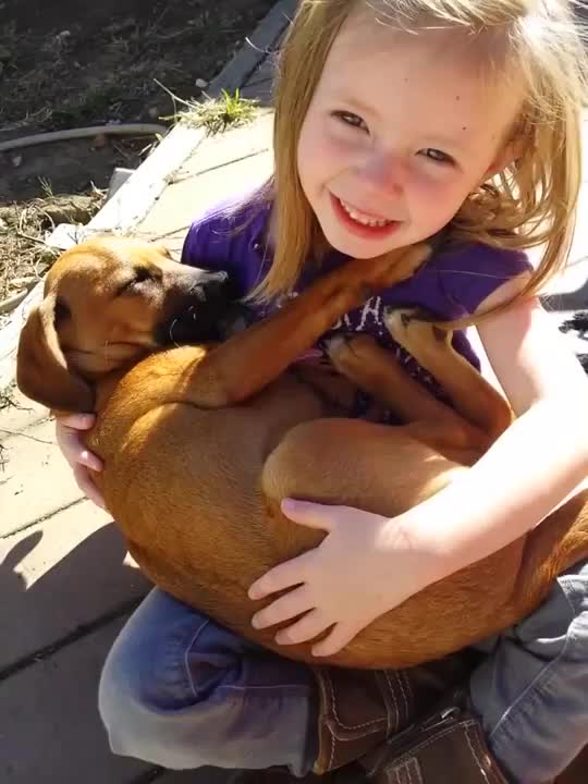 Girl singing lullaby to her little puppy who couldn't possibly be more content