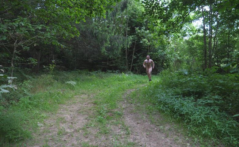 Naked running in the woods