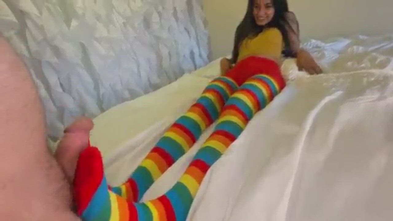 User requested: Rainbow pantyhose footjob