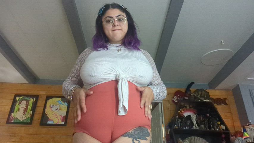 bbw chubby glasses huge tits natural tits nipple piercing striptease tattoo bigger-than-you-thought