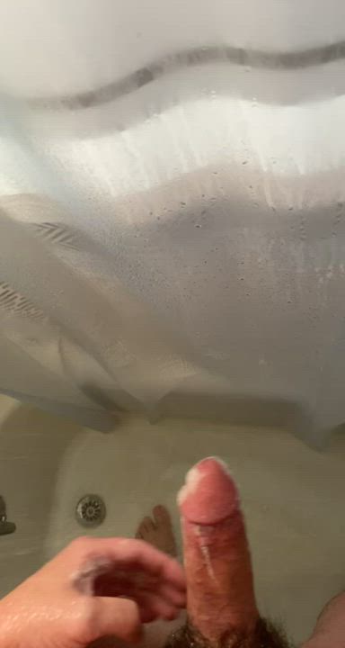 Painting the shower with my thick cock. Who wants the next?