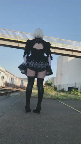 caption censored cosplay flashing high heels outdoor panties short hair upskirt clip