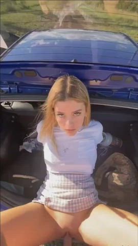 bareback car sex choking outdoor public shaved pussy small tits clip