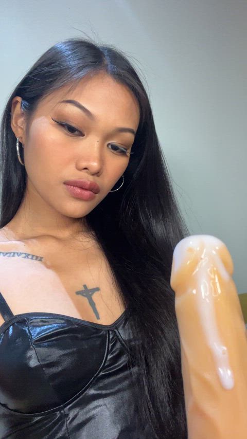 Suck this dildo like you mean it, make it messy, once you're done, swallow every